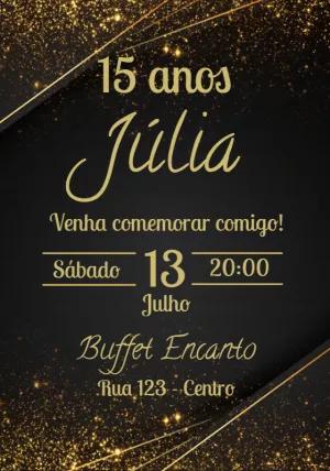 Convite 15 anos Dourado e Preto Elegante para Editar Online