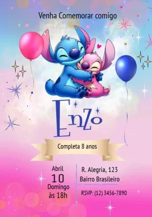 Convite Aniversário Stitch e Angel para Editar Online