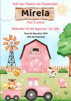 Convite de Aniversário Fazendinha Rosa para Editar Online