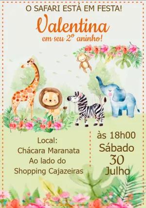 Convite Aniversário Safari Aquarela para Editar Online