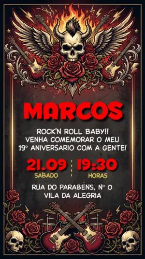 Convite de Aniversário Rock'n'Roll Caveira e Rosas Editável