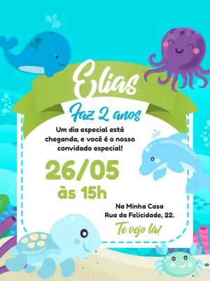 Convite Aniversário Fundo do Mar com Animais para Editar Online