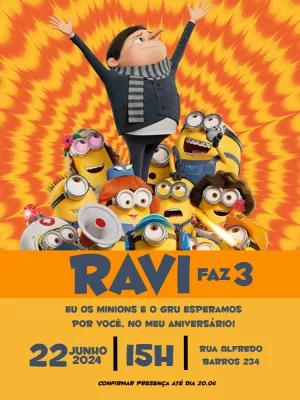 Convite de Aniversário Minions e Gru para Editar Online