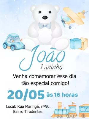 Convite de Aniversário Ursinho e Brinquedos para Editar Online