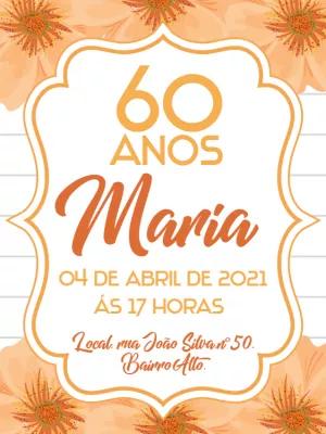 Convite Aniversário 60 Anos Floral Laranja para Editar Online