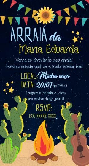 Convite Arraiá de Aniversário com Fogueira para Editar Online