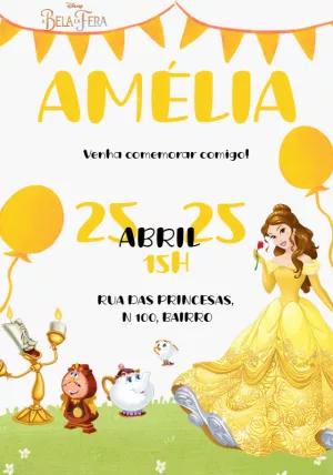 Convite Aniversário A Bela e a Fera com Personagens para Editar