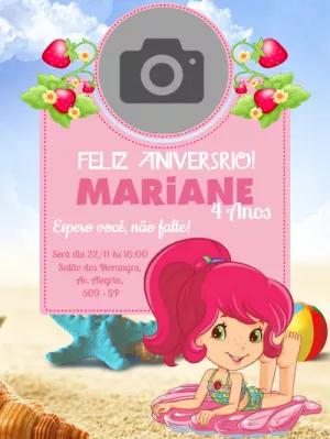 Convite Aniversário Moranguinho Praia com Foto para Editar Online