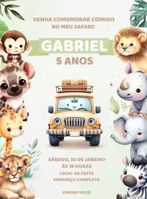 Convite Aniversário Safari com Animais para Editar Online