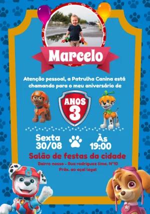 Convite de Aniversário Patrulha Canina com Foto para Editar