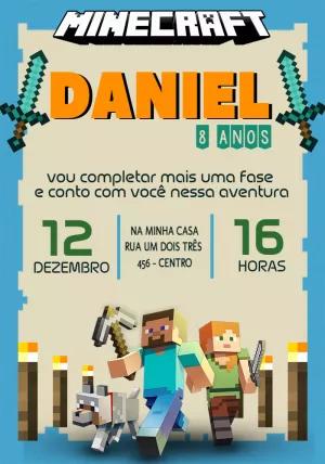 Convite de Aniversário Minecraft com Personagens em Aventura Editável