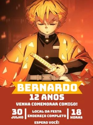 Convite Aniversário Zenitsu Demon Slayer para Editar Online