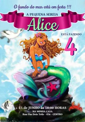 Convite Aniversário Pequena Sereia Negra para Editar Online
