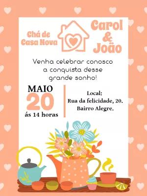 Convite Chá de Casa Nova com Flores e Bule para Editar Online
