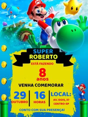Convite de Aniversário Super Mario Bros com Yoshi para Editar