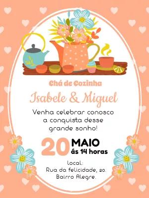 Convite Chá de Cozinha com Bule e Flores para Editar Online