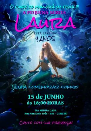 Convite Aniversário Pequena Sereia Estilo Filme para Editar