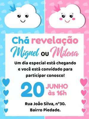 Convite Chá Revelação Chuva de Amor com Nuvens para Editar