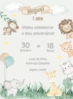 Convite Aniversário Safari com Animais Fofos para Editar Online