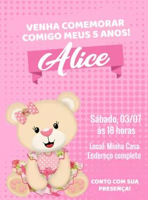Convite Aniversário Ursinha Rosa Fofa para Editar Online