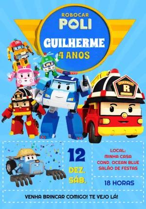 Convite de Aniversário Robocar Poli com a Turma para Editar