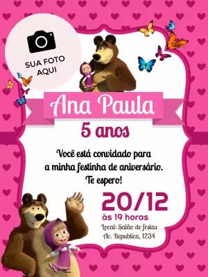 Convite Aniversário Masha e o Urso com Foto para Editar Online
