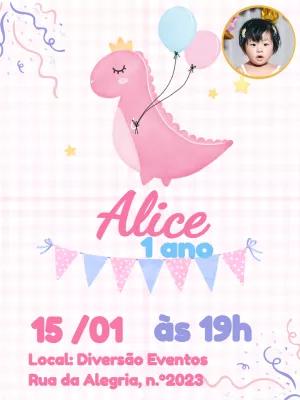 Convite Aniversário Dinossauro Rosa com Foto para Editar