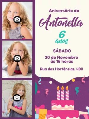 Convite de Aniversário com Bolo e Fotos para Editar Online