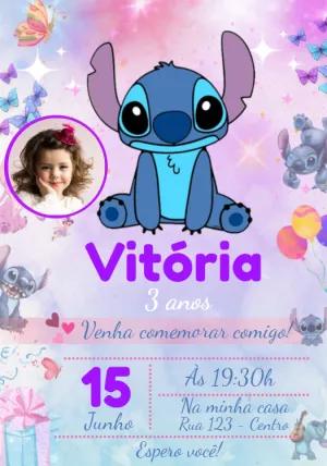 Convite Aniversário Stitch com Foto e Borboletas para Editar