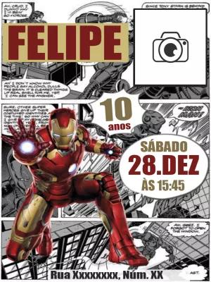 Convite Aniversário Homem de Ferro Quadrinhos com Foto Editável