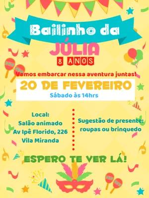 Convite Bailinho de Carnaval Editável para Aniversário Infantil