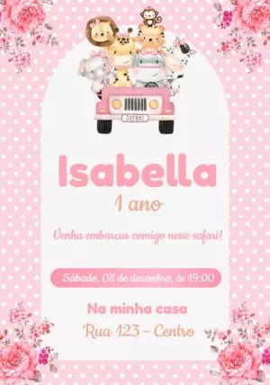 Convite Aniversário Safari Rosa com Bichinhos para Editar Online