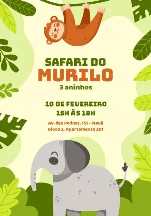 Convite Aniversário Safari com Animais Fofos para Editar Online