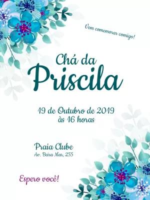 Convite Chá de Panela com Flores Azuis para Editar Online