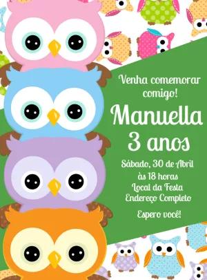 Convite de Aniversário Corujinhas Fofas para Editar Online