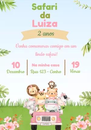 Convite Aniversário Safari Rosa com Animais para Editar Online