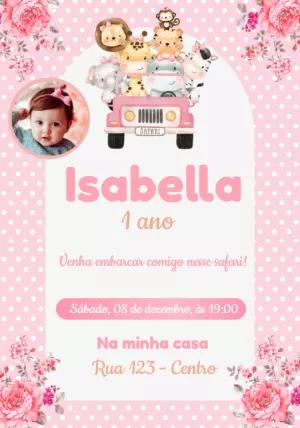Convite Aniversário Safari Rosa com Foto para Editar Online