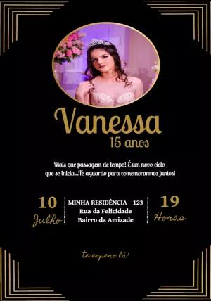 Convite 15 Anos Preto e Dourado com Foto para Editar Online