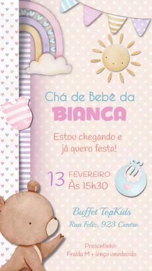Convite Chá de Bebê Ursinha com Arco-íris para Editar Online