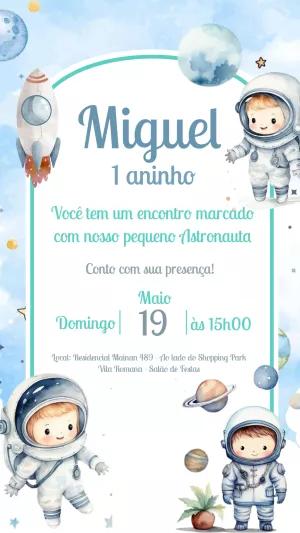 Convite Aniversário Astronauta Fofo para Editar Online