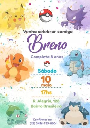 Convite de Aniversário Pokémon Aquarela para Editar Online