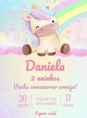 Convite Aniversário Unicórnio Aquarela para Editar Online