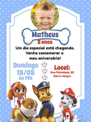 Convite Aniversário Patrulha Canina com Foto para Editar