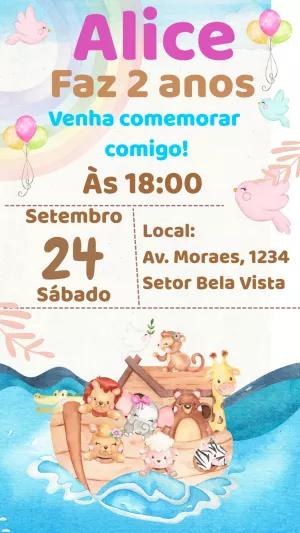 Convite Aniversário Arca de Noé com Animais Fofos para Editar