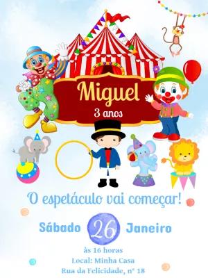 Convite de Aniversário Circo com Personagens para Editar Online