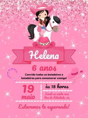 Convite Aniversário Boiadeira Rosa com Glitter para Editar Online