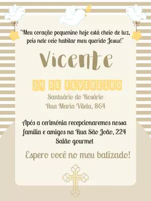 Convite de Batizado Clássico com Pombas para Editar Online