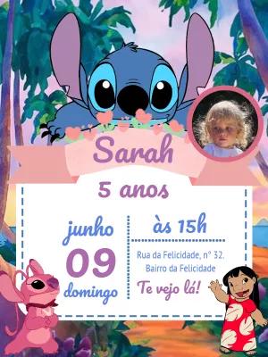 Convite Aniversário Stitch e Angel com Foto para Editar