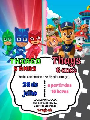 Convite Aniversário Duplo PJ Masks e Patrulha Canina para Editar