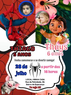 Convite Duplo Aniversário Moana e Homem-Aranha com Foto para Editar